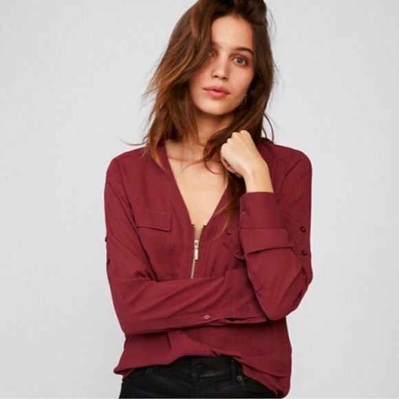 Express Long Sleeve V Neck Zip Front Shirt Blouse Size XS - Picture 1 of 7